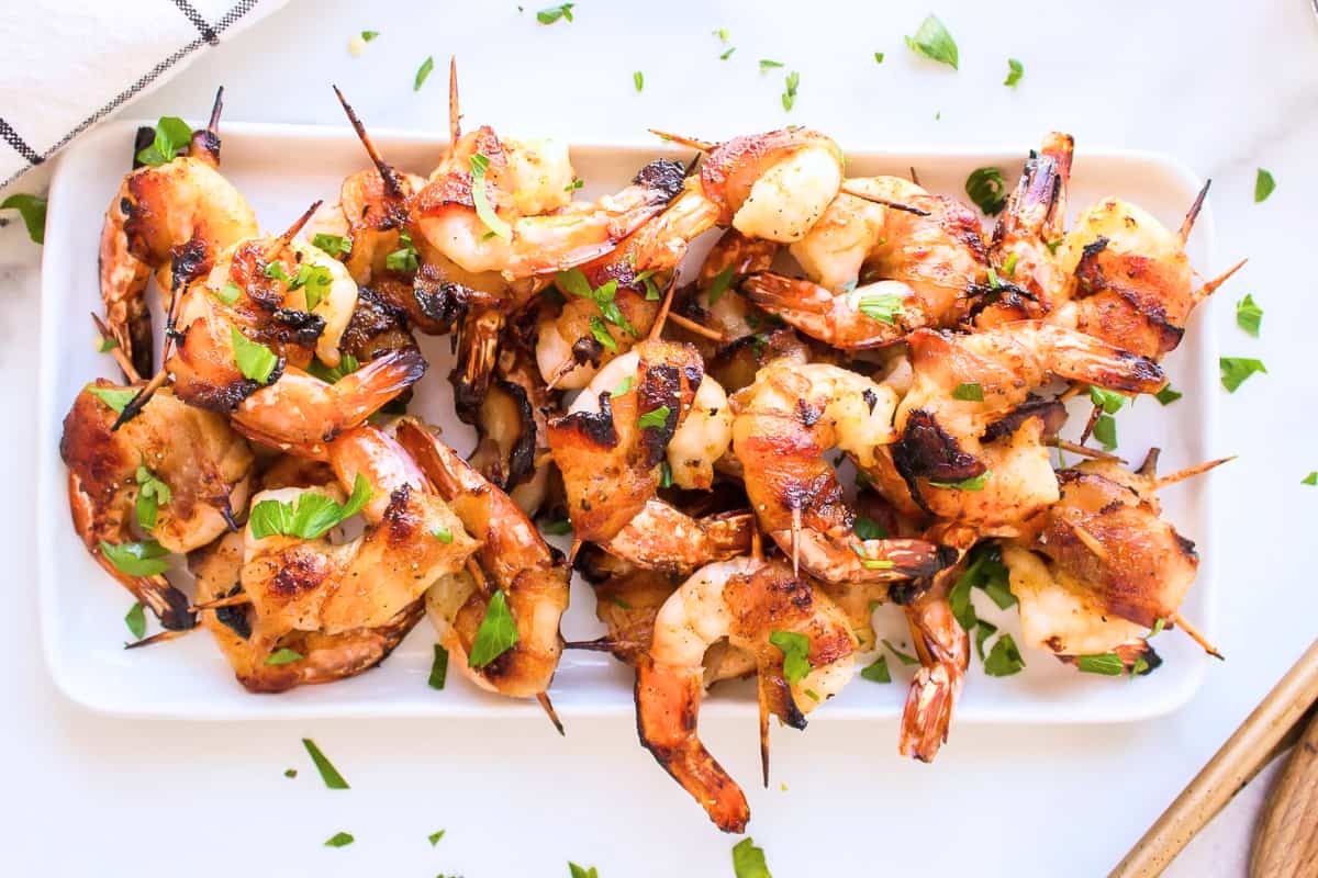 A plate of Bacon Wrapped Shrimp.