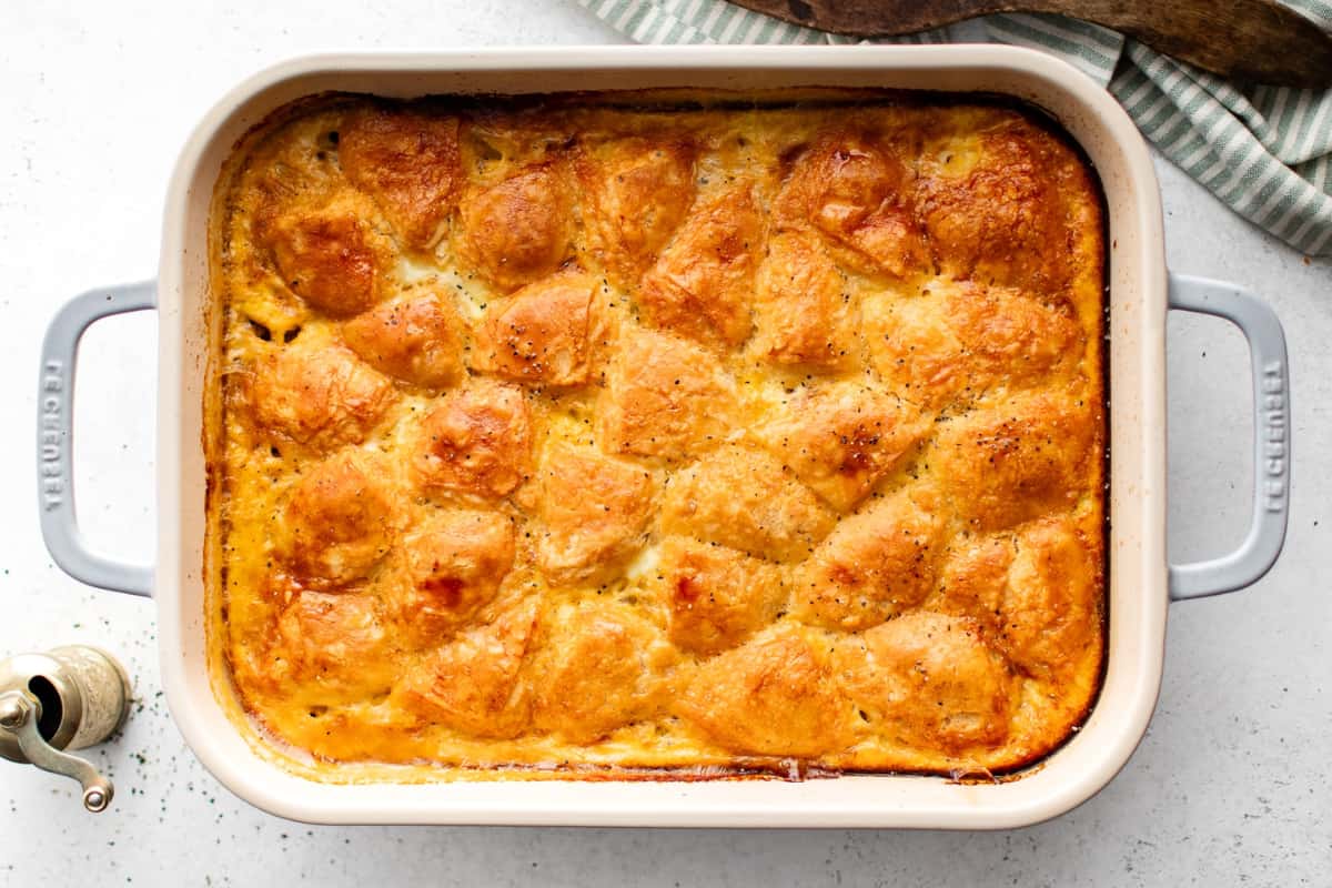 A dish of Biscuits and Gravy Casserole.