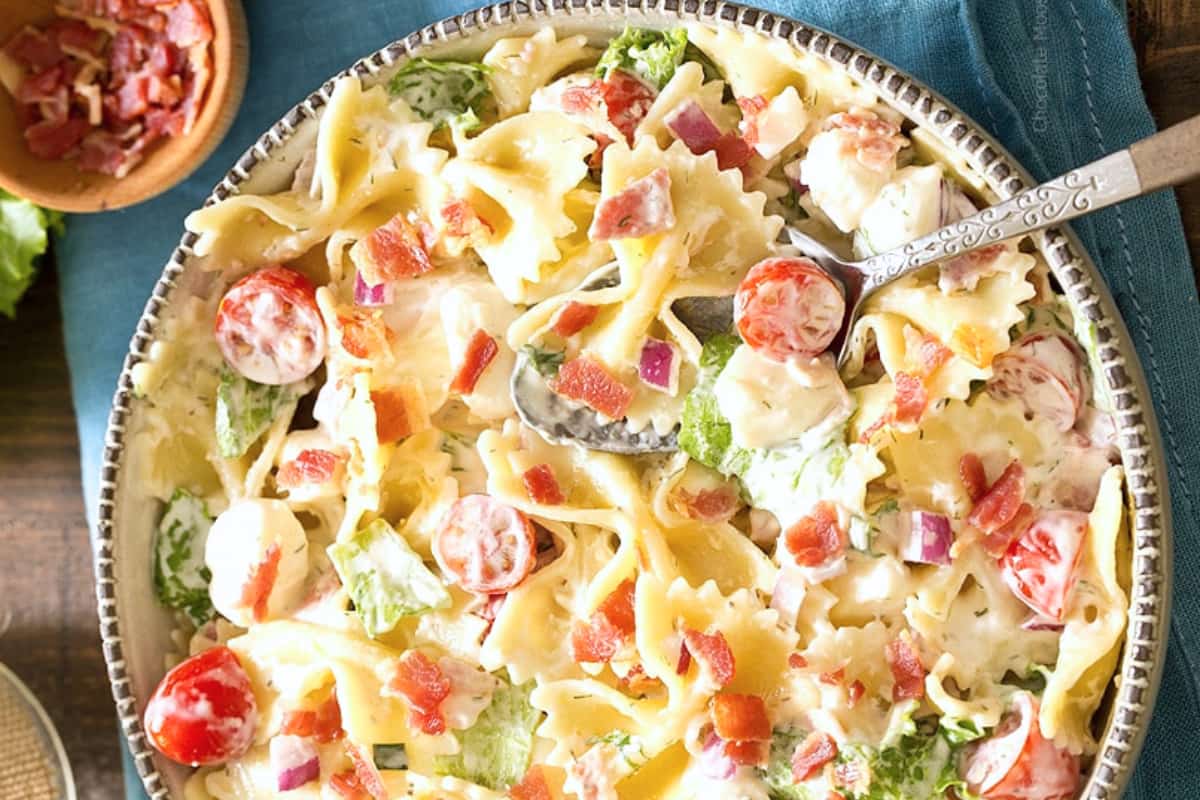 A bowl of BLT Pasta Salad.