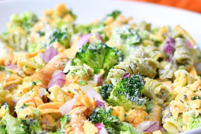 A bowl of Copycat Broccoli Cheddar Pasta Salad.