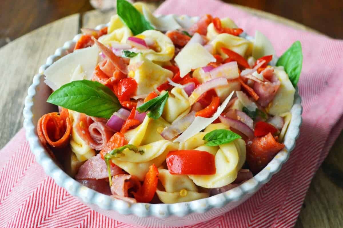 A bowl of Antipasto Tortellini Pasta Salad.