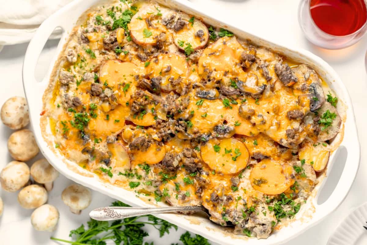A dish of Hamburger Potato Mushroom Casserole.