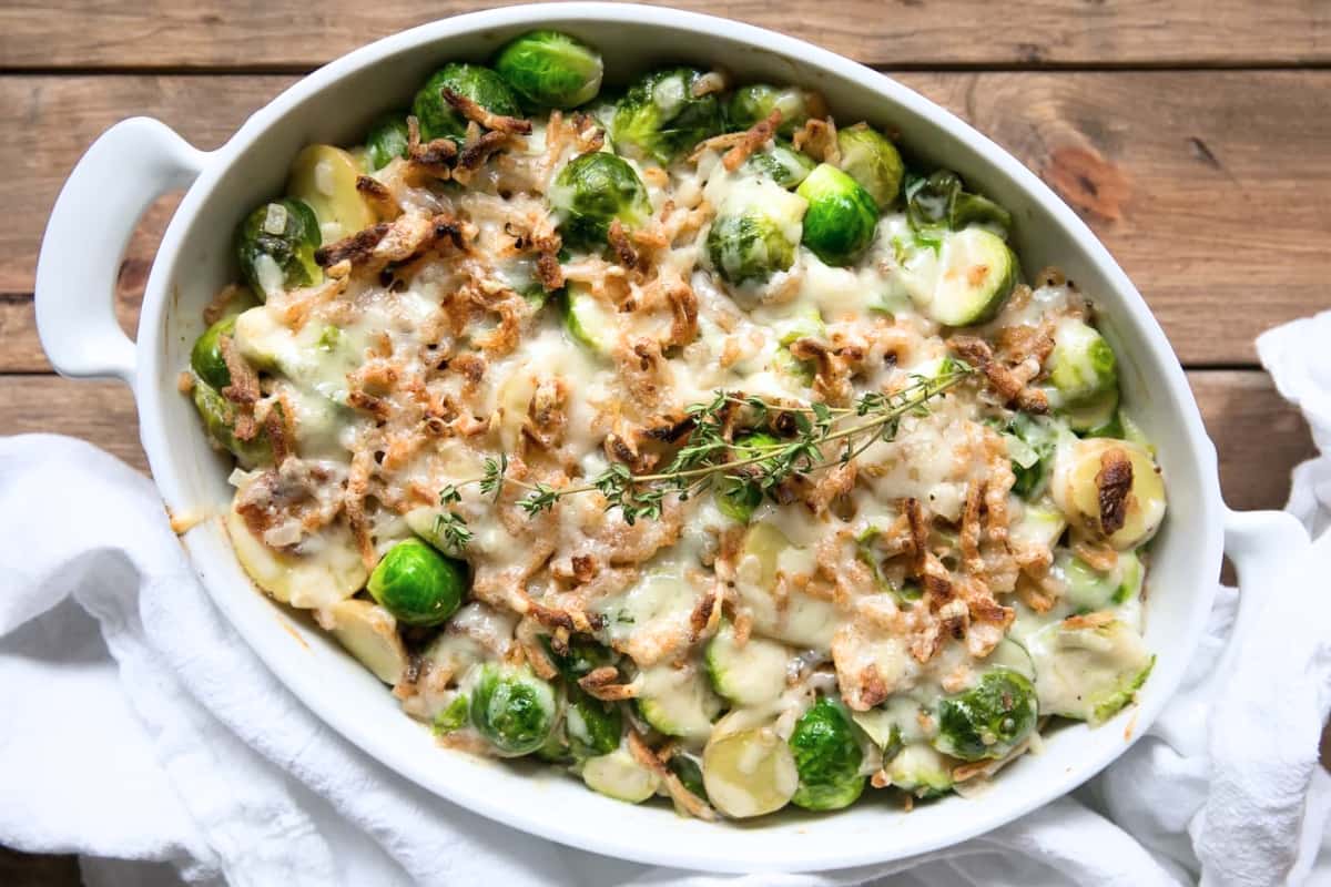 A dish of Brussels Sprout and Potato Gratin.