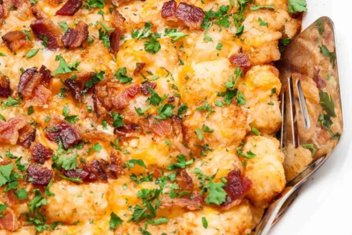 A dish of Cheesy Tater Tot Breakfast Casserole.