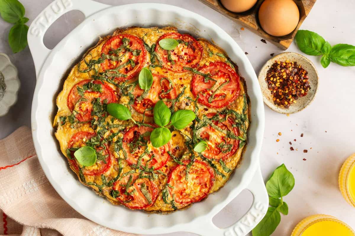 A dish of Sausage and Tomato Egg Casserole.