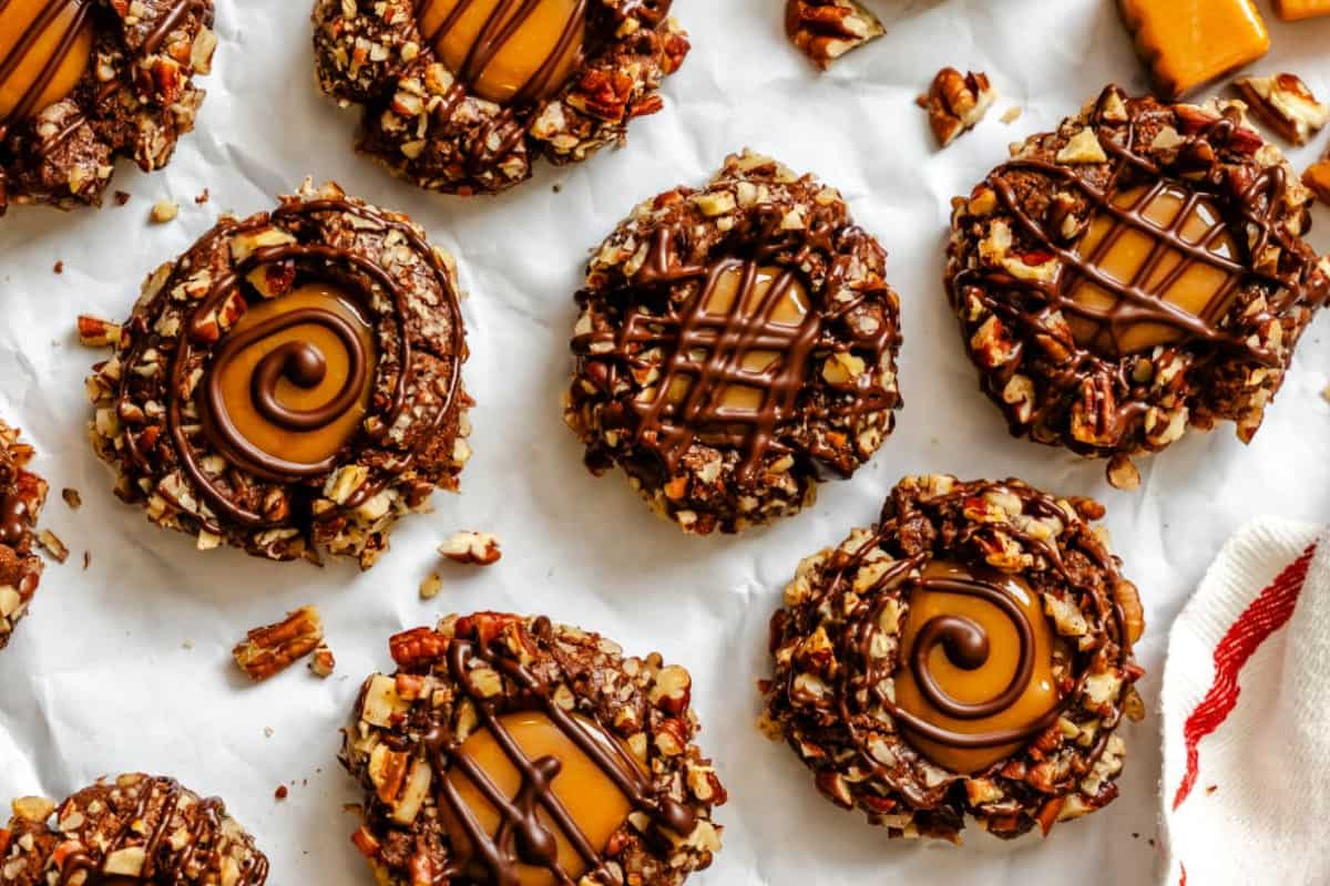 A tray of Chocolate Caramel Thumbprint Cookies.