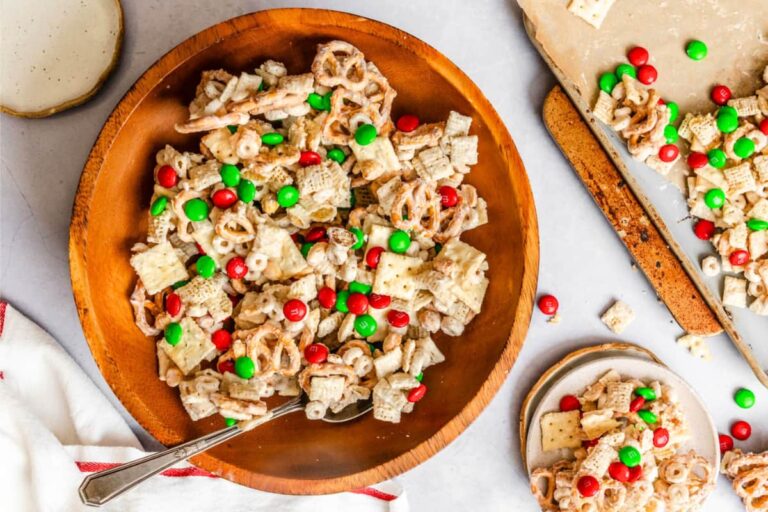A bowl of Christmas Chex Mix.
