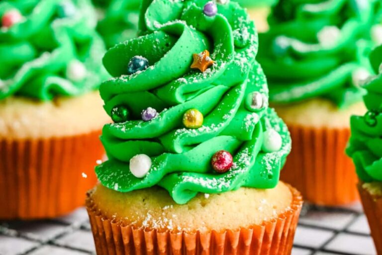 A dish of Christmas Tree Cupcakes.