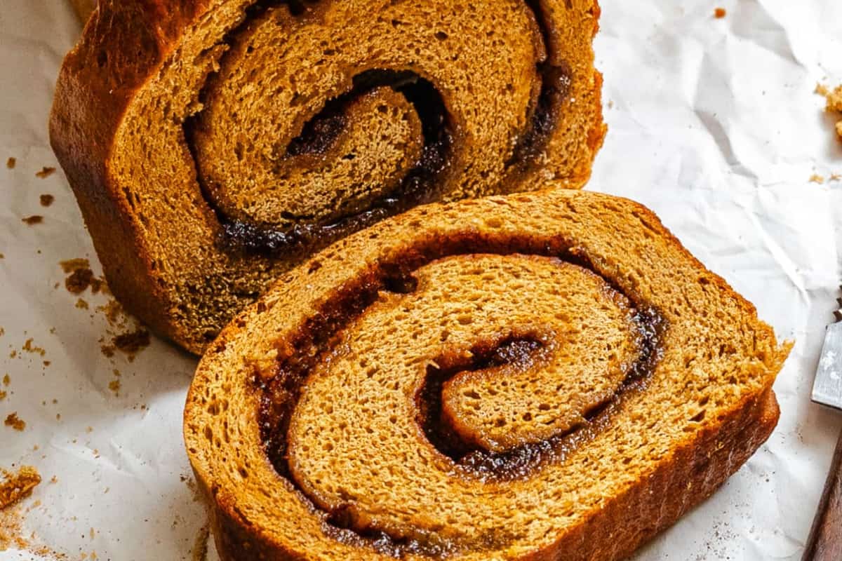 A plate of Gingerbread Cinnamon Swirl Bread.