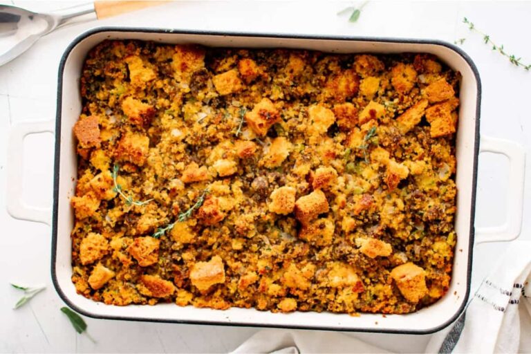 A dish of Cornbread Dressing.