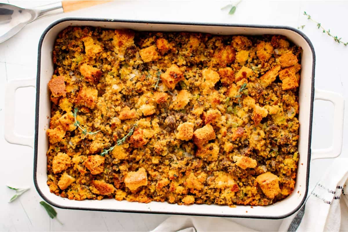 A dish of Cornbread Dressing.