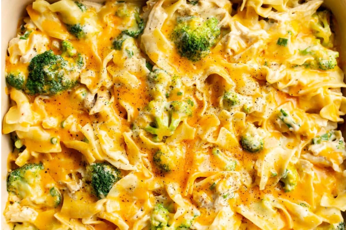 A dish of Easy Chicken Noodle Casserole.
