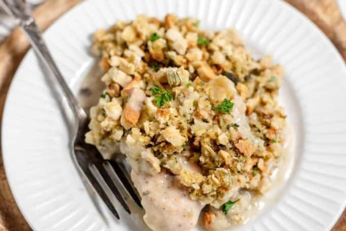 A plate of Chicken and Stuffing Casserole.