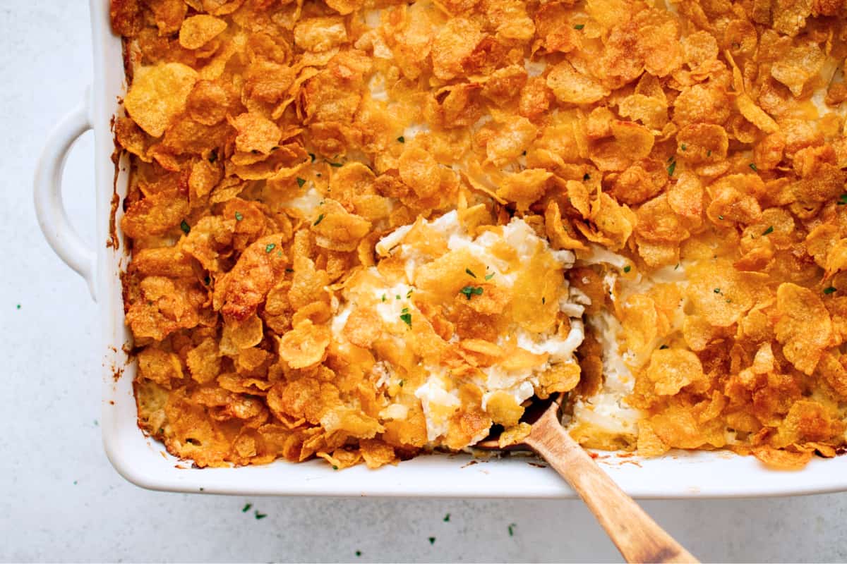 A dish of Best Ever Funeral Potatoes.