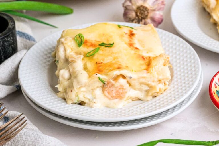 A plate of Seafood Lasagna.