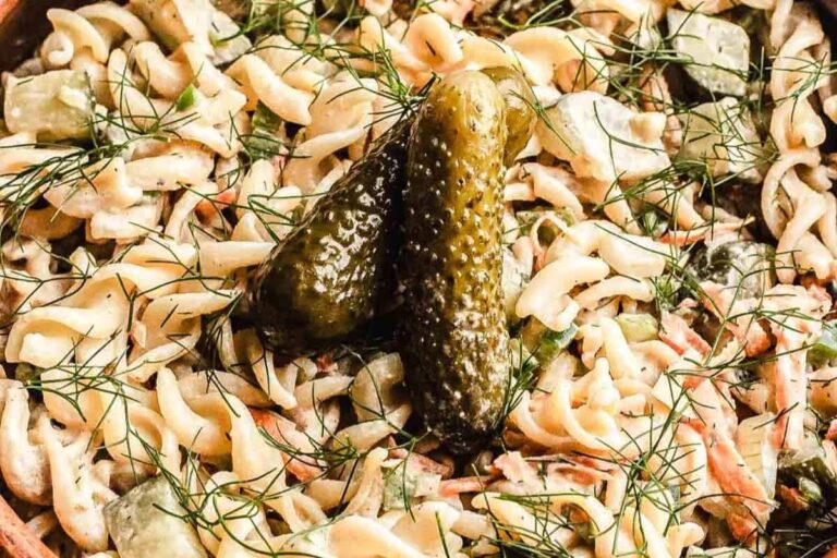 A bowl of Pickle Pasta Salad.