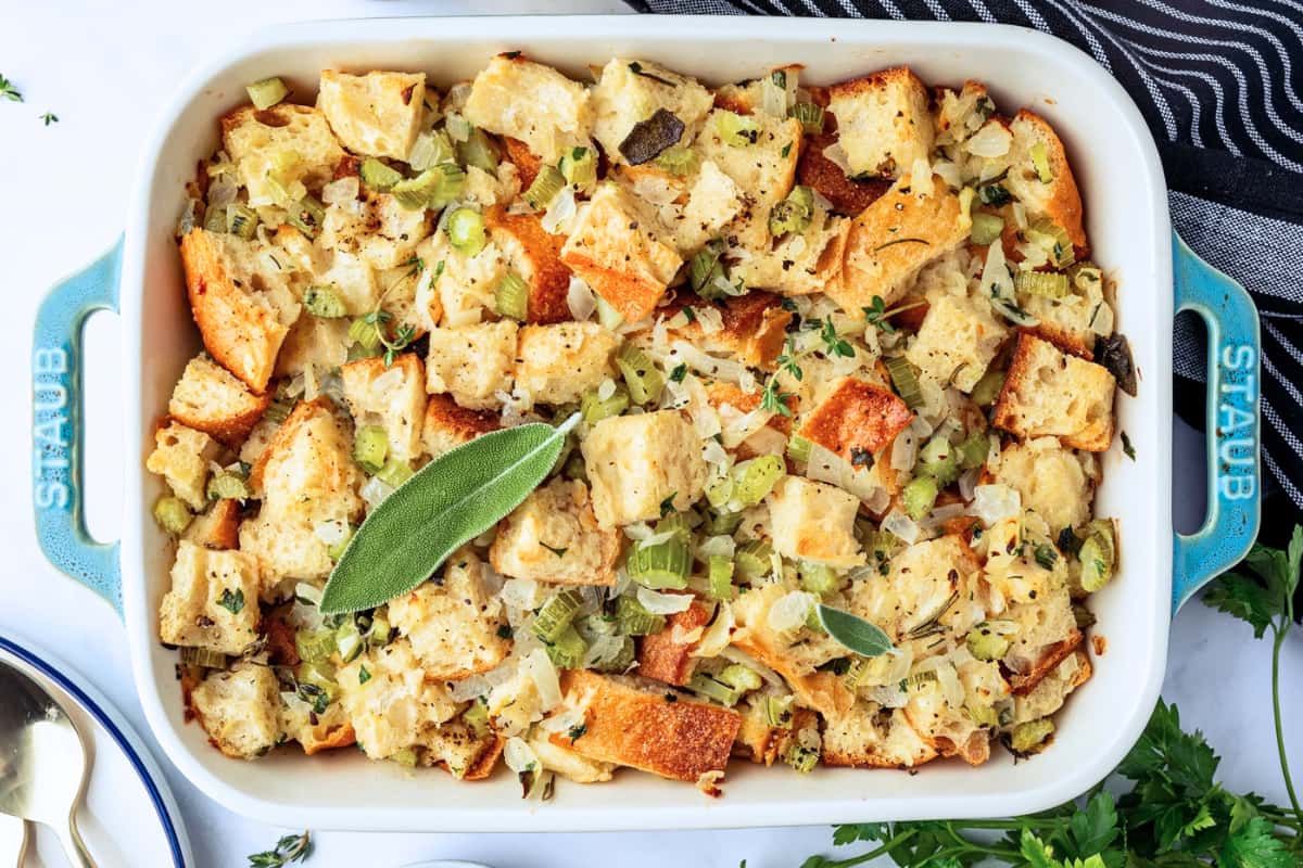 A dish of Old-Fashioned Sourdough Dressing.