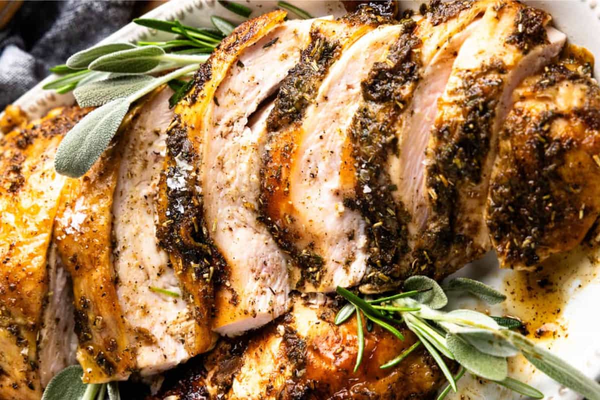 A plate of Garlic Herb Smoked Turkey Breast.