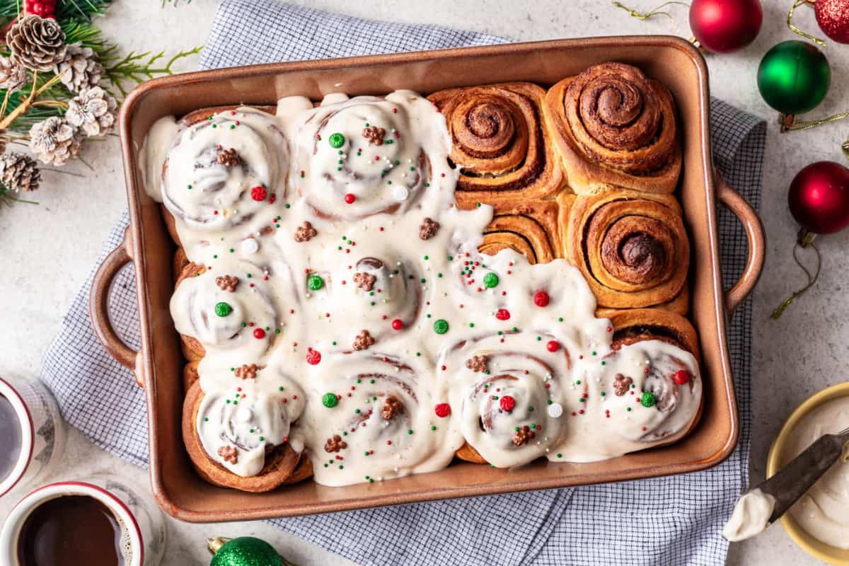 A dish of Gingerbread Cinnamon Rolls.