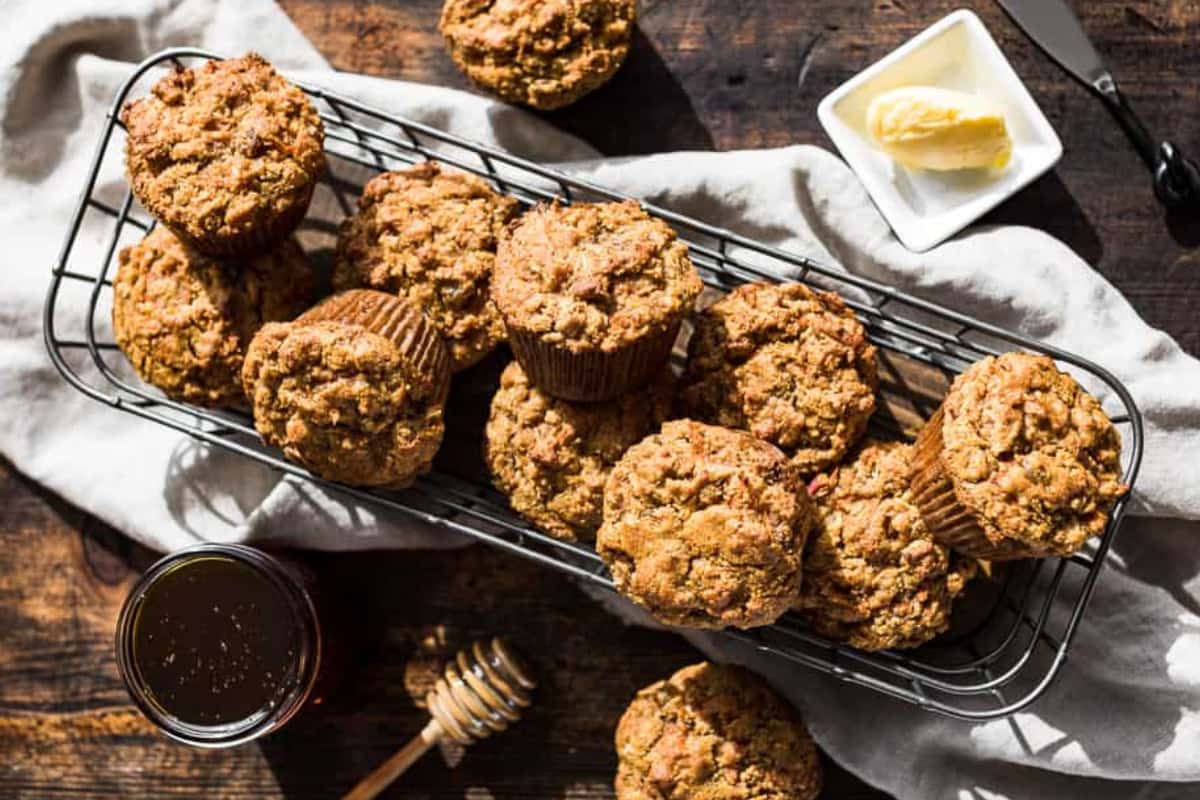 A dish of Carrot Apple Raisin Muffins.