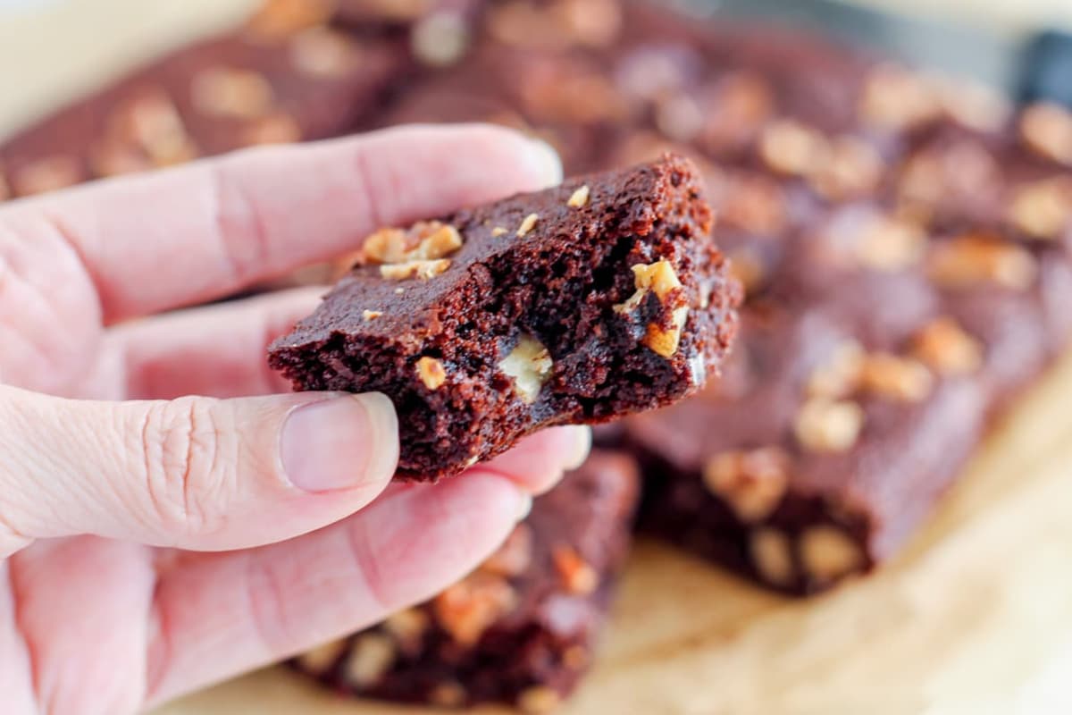 A plate of Fudgy Almond Flour Brownies.