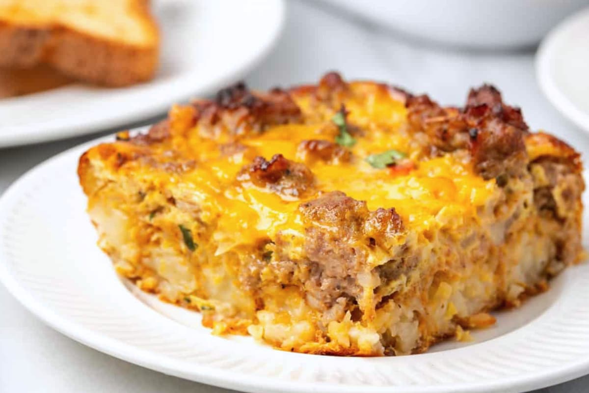 A plate of Mexican Breakfast Casserole with Tater Tots.