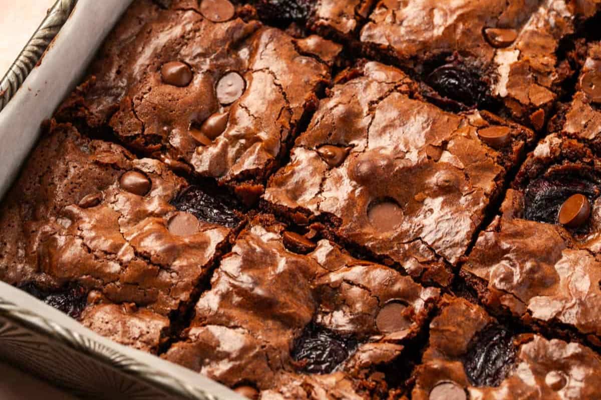 A pan of Fudgy Cherry Chocolate Brownies.
