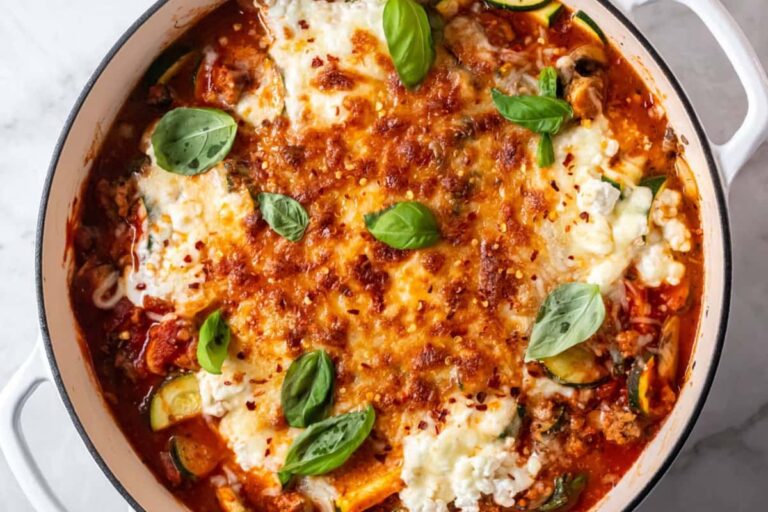A dish of Skillet Zucchini Lasagna.
