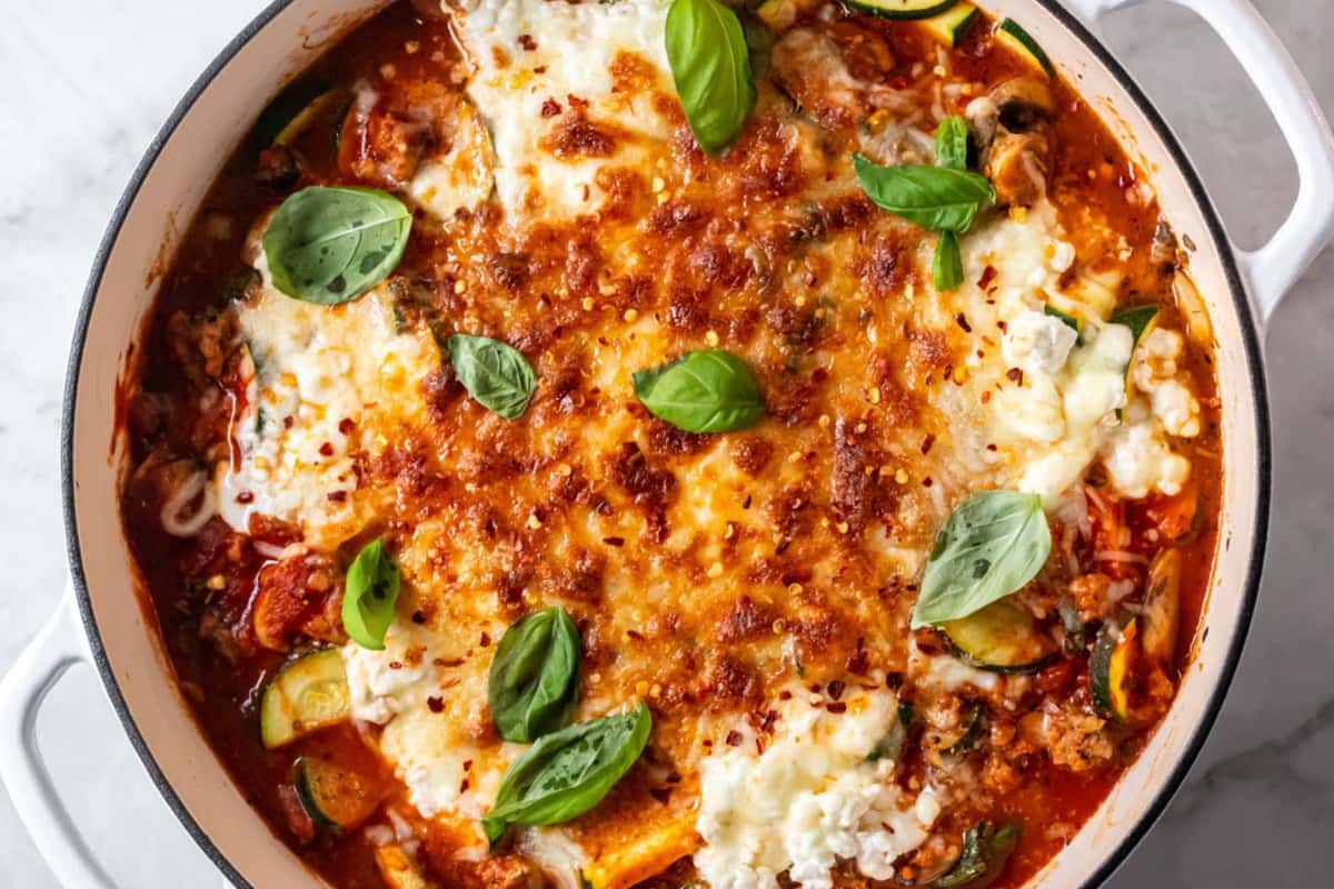 A dish of Skillet Zucchini Lasagna.