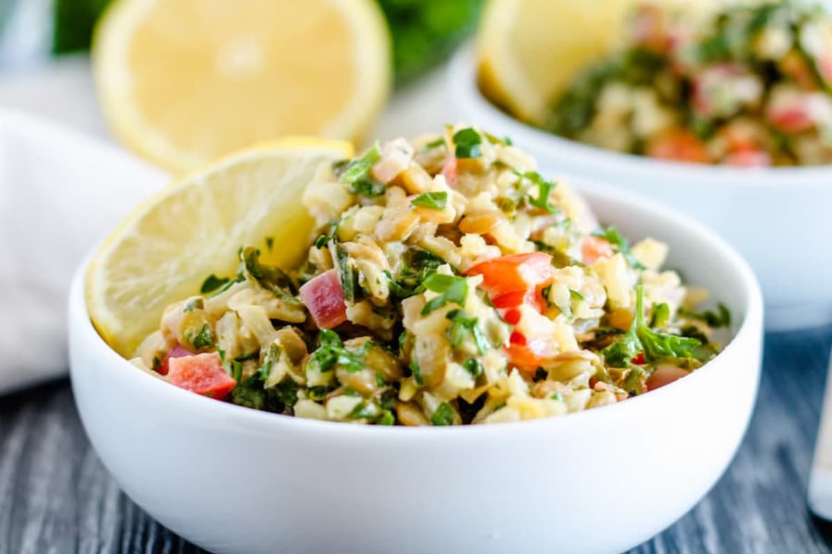 A bowl of Buddha Bowl with Lemon Tahini Dressing.