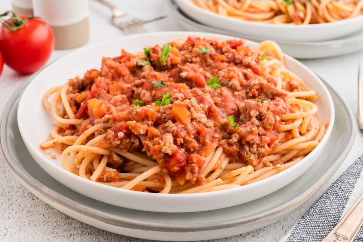 A plate of Ground Chicken Bolognese.