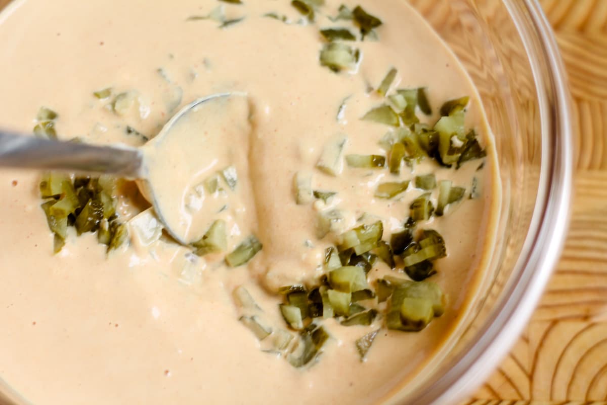 Ingredients being stirred in a bowl.