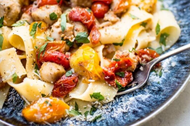 A dish of Chicken Sausage Pasta with Roasted Tomatoes.