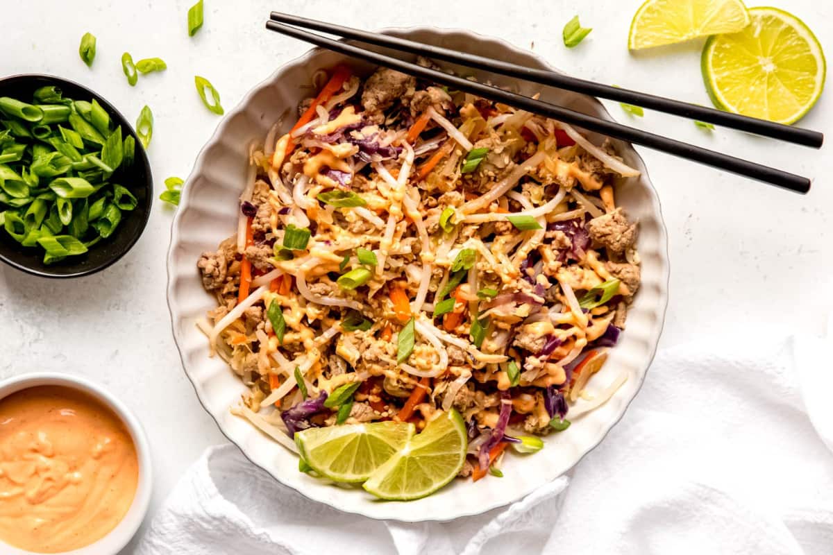 A bowl of Egg Roll In a Bowl (with Coleslaw Mix).