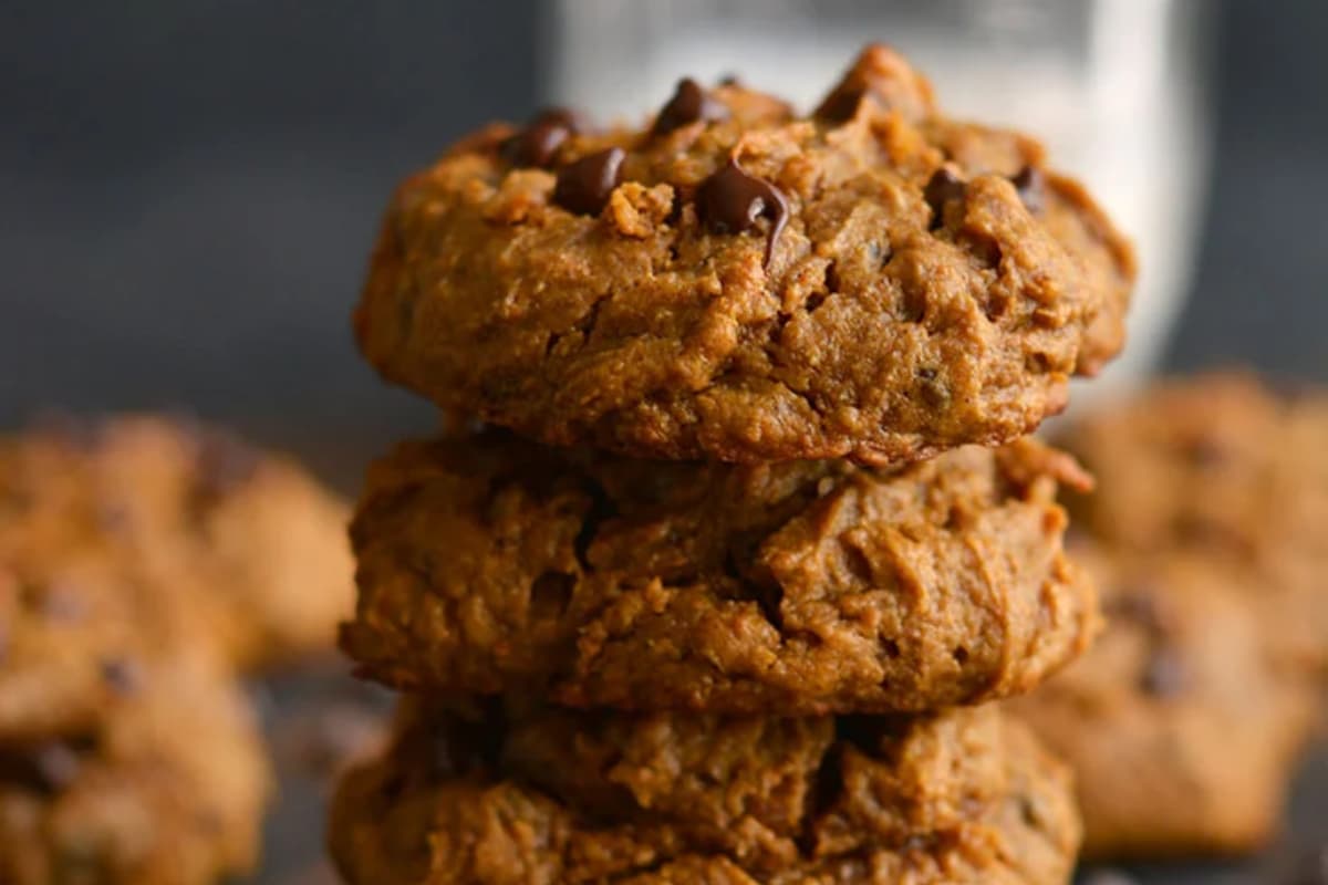 A plate of Pumpkin Peanut Butter Chocolate Chip Cookies.