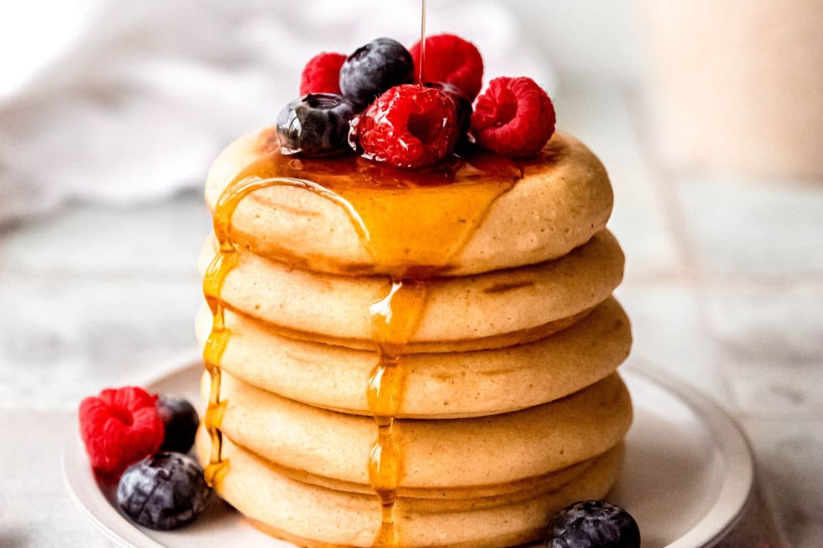 A plate of Whole Wheat Vanilla Protein Pancakes.