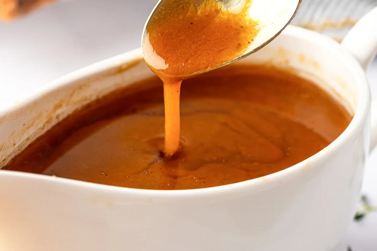 A dish of Homemade Turkey Gravy.