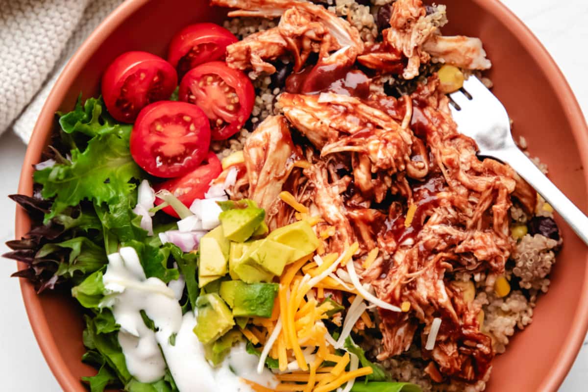 A bowl of Instant Pot Barbecue Chicken Quinoa Salad.