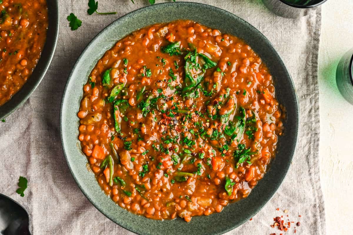 A bowl of Instant Pot Lentil Soup.