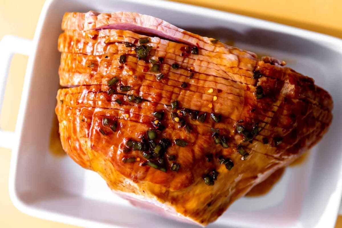 A dish of Jalapeño Honey Glazed Ham.