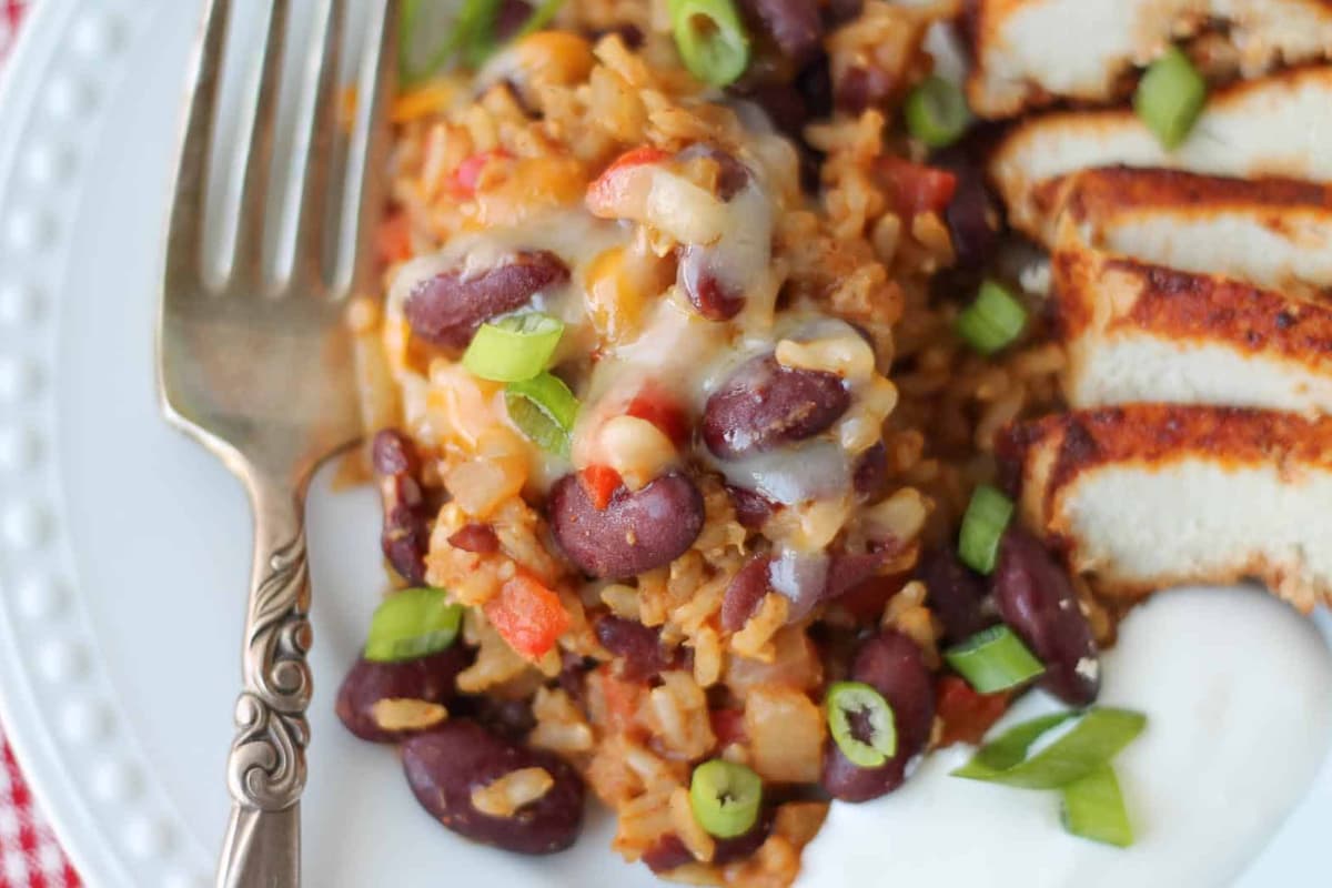A dish of One Pot Brown Rice and Beans.