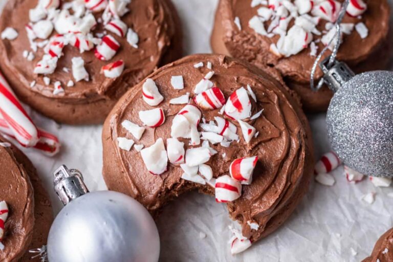 A plate of Frosted Chocolate Peppermint Cookies.