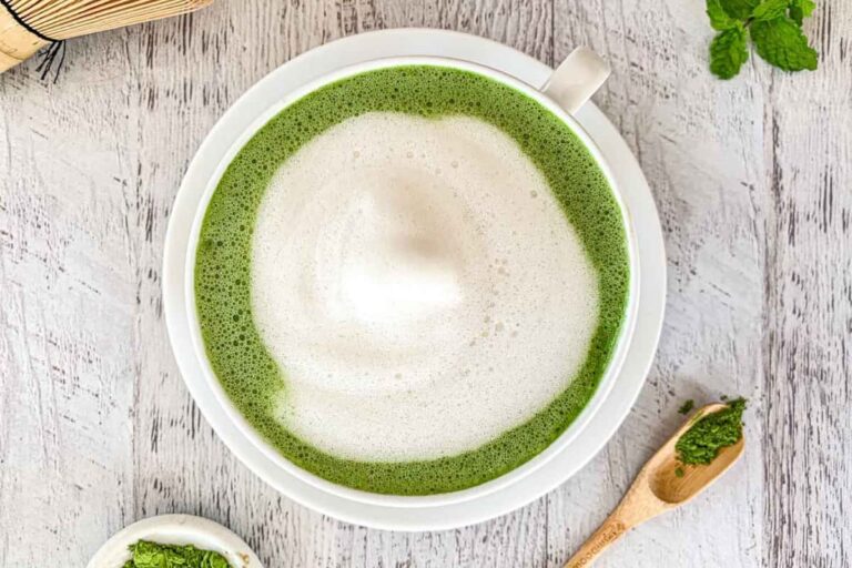 A mug of Peppermint Matcha Latte Recipe.