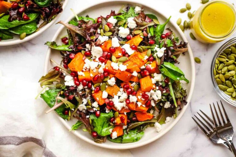 A plate of Roasted Sweet Potato and Feta Salad.