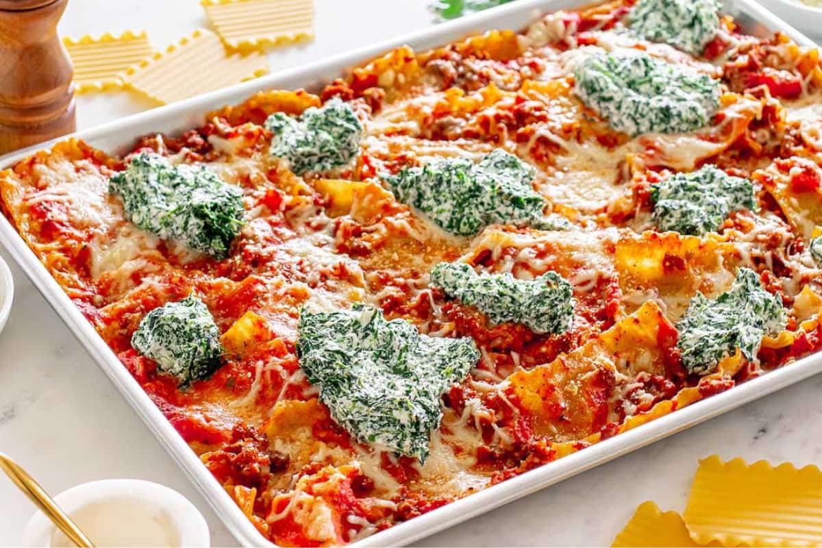 A dish of Sheet Pan Lasagna.