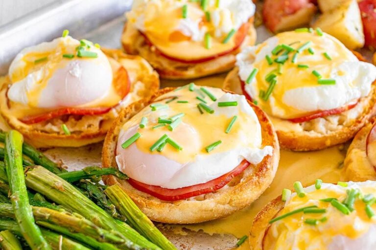 A dish of Sheet Pan Eggs Benedict.
