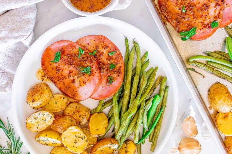 A plate of Sheet Pan Ham Dinner.