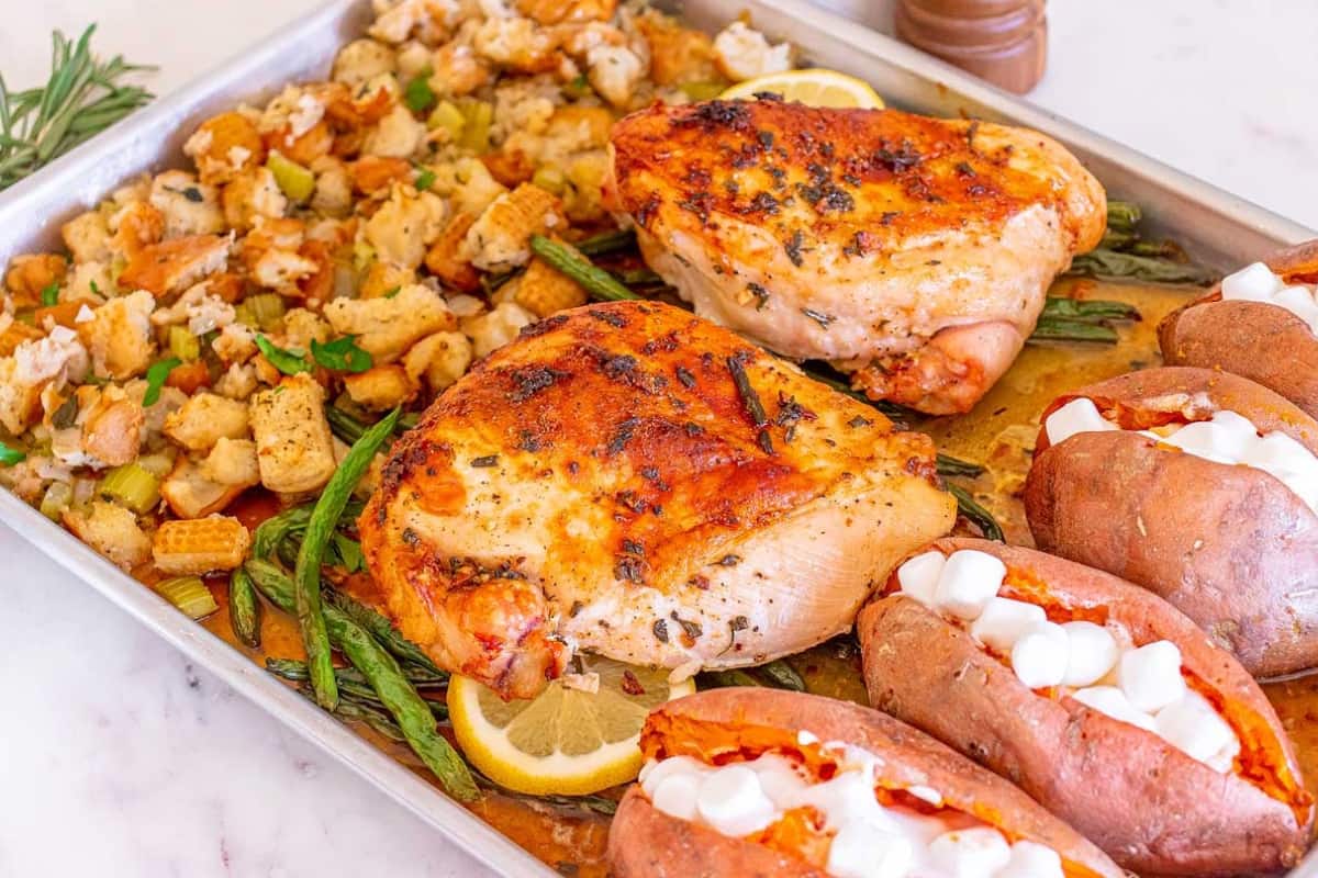 A dish of Sheet Pan Turkey Breast Dinner.