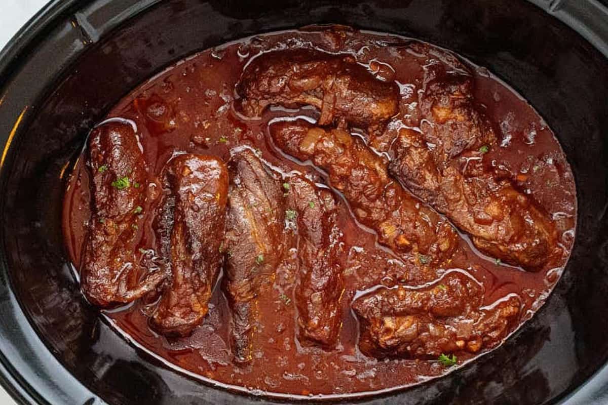 A dish of Slow Cooker Boneless Beef Short Ribs.