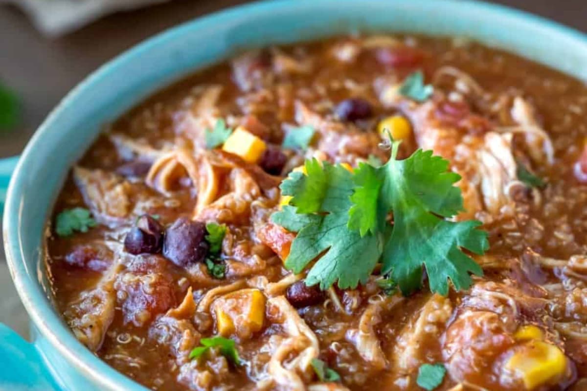 A bowl of Slow Cooker Barbecue Chicken Quinoa Chili.